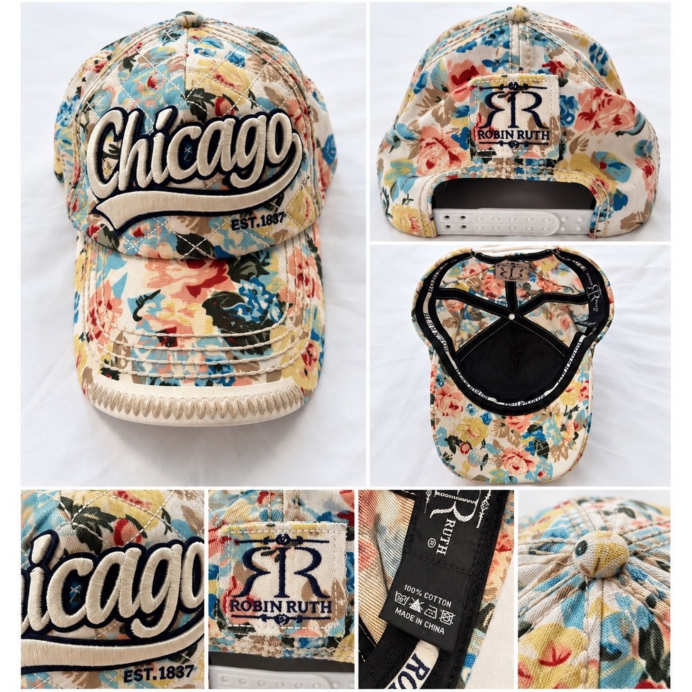 Robin Ruth Chicago Floral Quilted Snapback Hat Pink Blue Yellow Cotton Cap